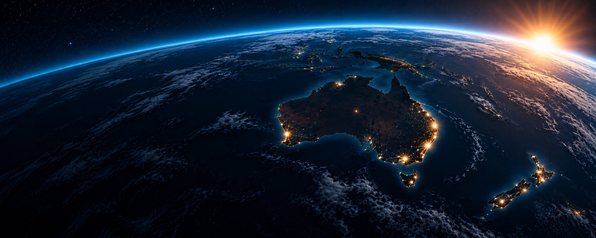 Dawn breaking over the Earth, with the lights of Australia, Tasmania and New Zealand below